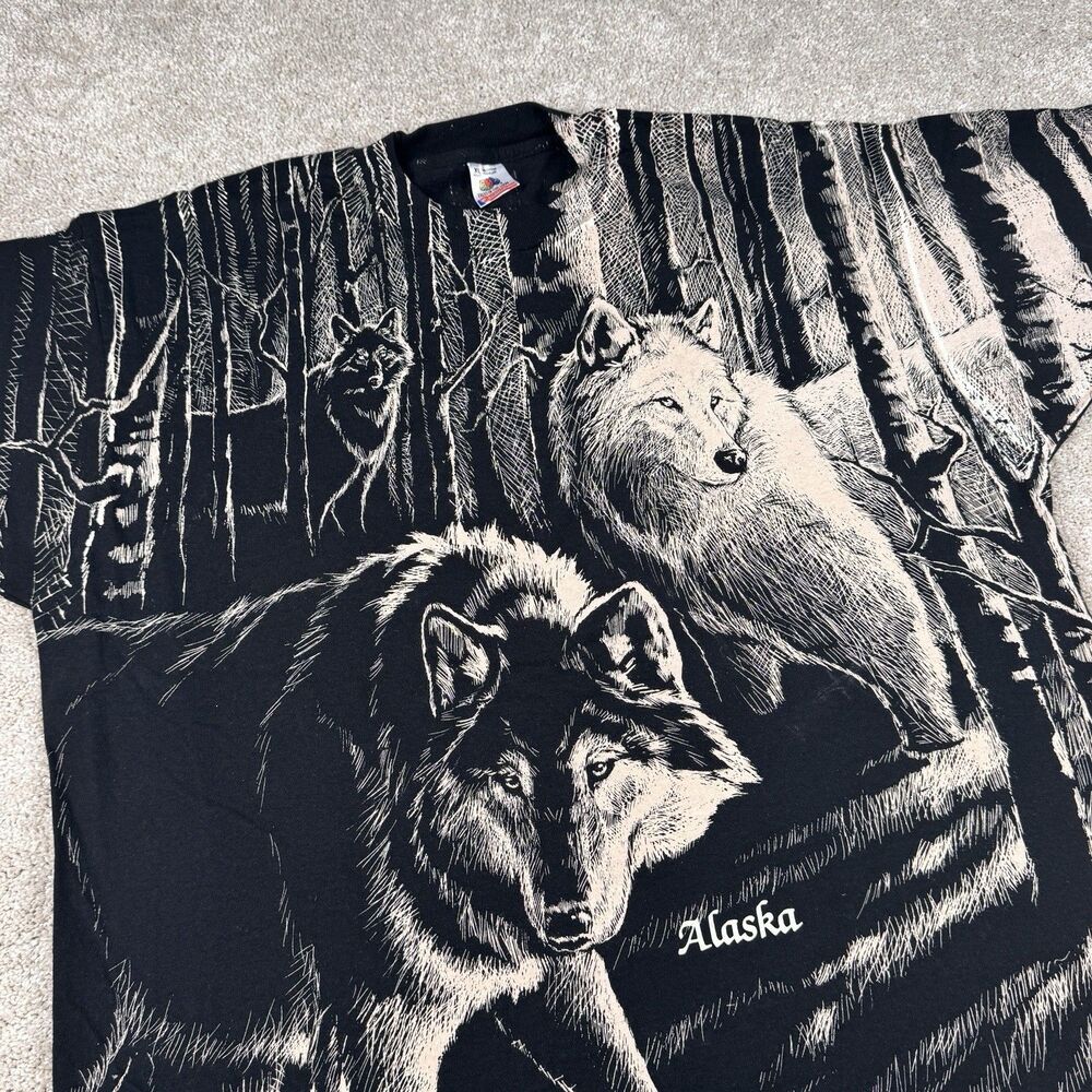 Fruit of the Loom 90's AOP Wolf TShirt XL Harlequin All Over Print VTG Art Tee